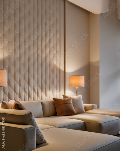 Elegant modern interior with a quilted wall design and ambient lighting in a cozy lounge area photo