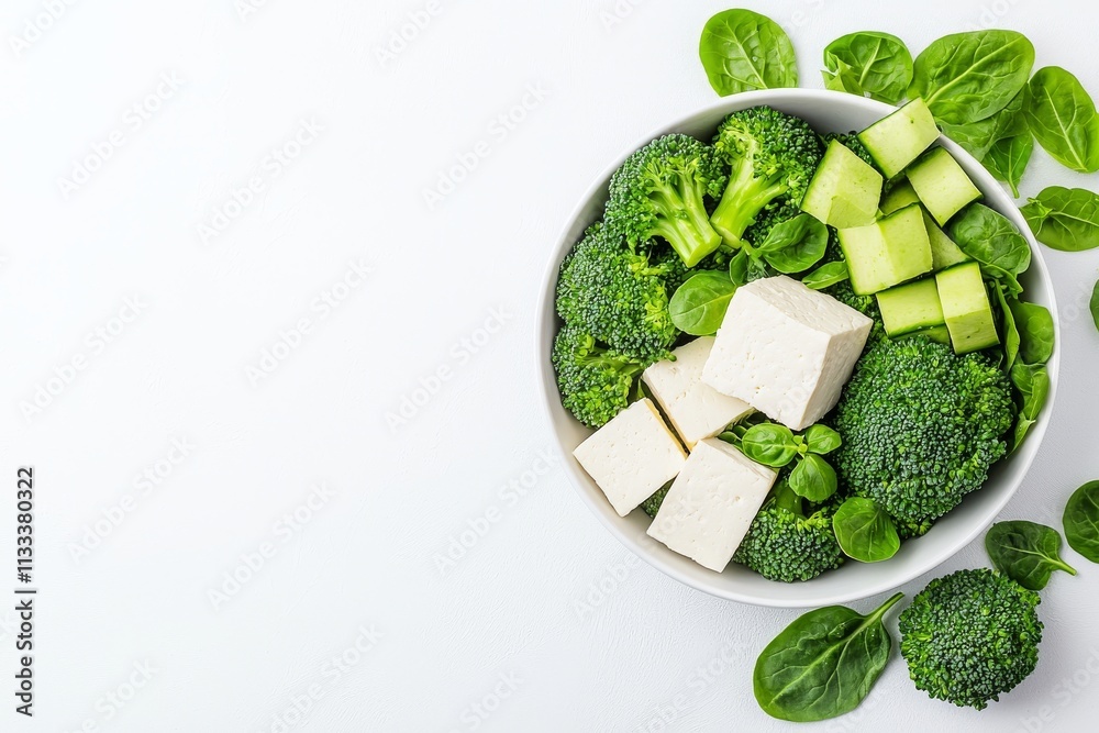 A top-down view of a quinoa bowl with steamed broccoli and smoked tofu cubes in teriyaki sauce, sprinkled with sesame seeds and green onions, placed on a kitchen napkin with an off-white light A top-down view of a quinoa bowl with steamed broccoli and smoked tofu cubes in teriyaki sauce, sprinkled with sesame seeds and green onions, placed on a kitchen napkin with an off-white light
