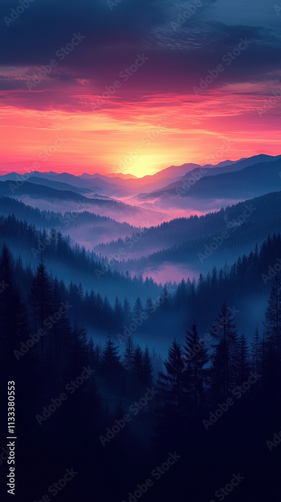 Obraz premium A stunning sunset over misty mountains, creating a serene and tranquil atmosphere.