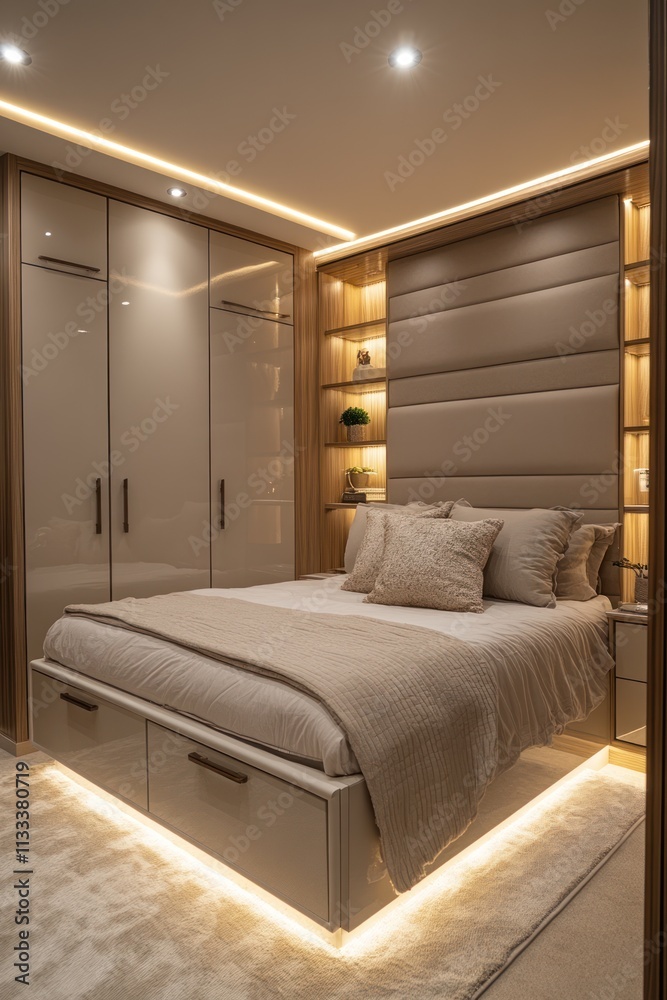 Fototapeta premium Modern bedroom with built-in wardrobe, headboard, and LED lighting.