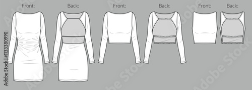 Vector woman winter dress with gathered front and long sleeves fashion CAD, boat neck top technical drawing, template, flat, sketch. Jersey or woven fabric tank top with front, back view, white color