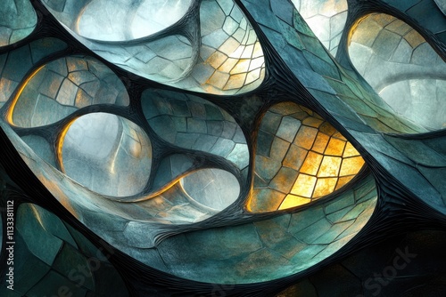 Abstract art depicting a bioluminescent, organic, cavernous structure with glowing, tessellated surfaces. photo