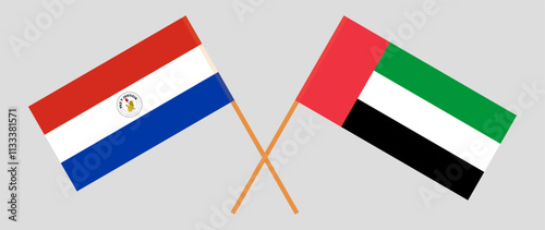 Crossed flags of Republic of Paraguay and the United Arab Emirates. Official colors. Correct proportion. Vector illustration