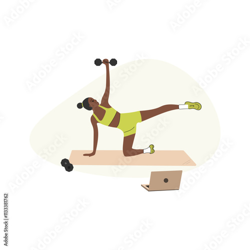 Slim girl with dumbbells doing online workout. African American woman doing exercises online. Online fitness concept. Vector illustration