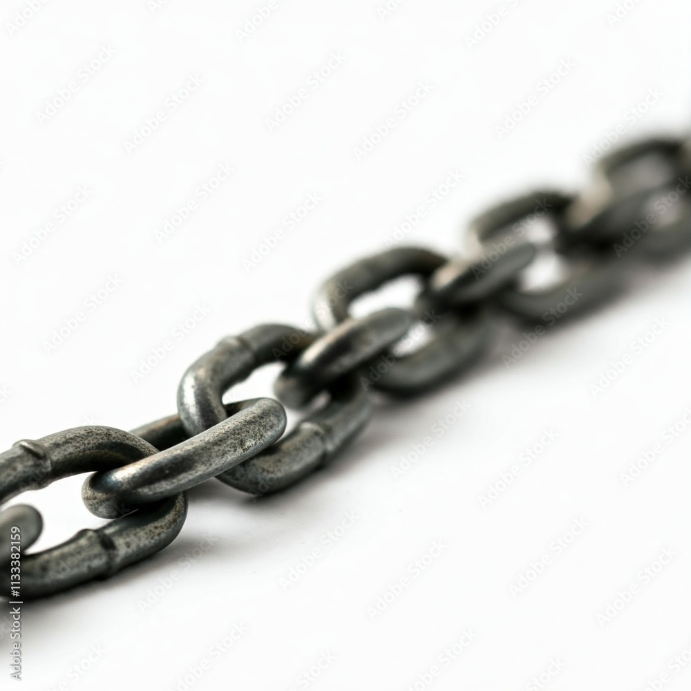 Obraz premium A close-up of a metal chain, isolated against a white background. The chain is linked together in a series of interlocking loops. chain with padlock isolated on white 