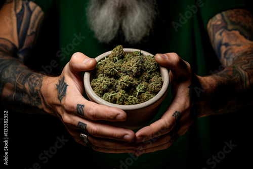 Close-up of hands holding marijuana leaves illustrating the call for government decriminalization. photo