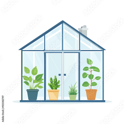 Minimalist flat illustration of a greenhouse, featuring a clean design isolated on a white background.

