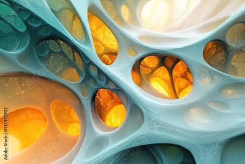 Abstract fractal art depicting a mesmerizing, organic, interconnected network of glowing, golden cavities within a teal, membranous structure.