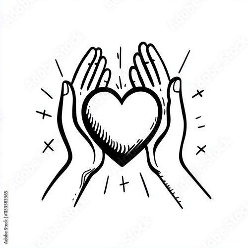 Symbolic Image Of A Person Thin Out With Hands Hugging Heart, Representing Charity, Love,And Care. White Pictogram Illustration In Title Case.