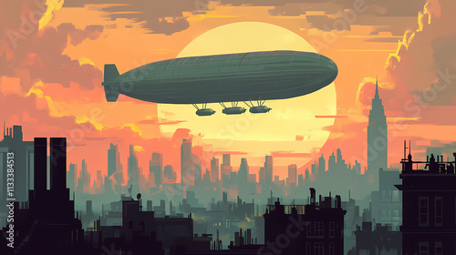 Showcases the majestic beauty and imposing presence of an airship floating above a city. Zeppelin. Illustration