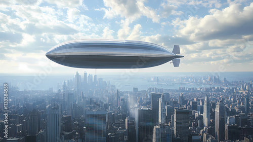 Showcases the majestic beauty and imposing presence of an airship floating above a city. Zeppelin. Illustration
