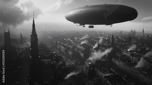Showcases the majestic beauty and imposing presence of an airship floating above a city. Zeppelin. Illustration