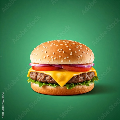 One piece of cheeseburger in the middle, nothing else, studio photo, green background, high detail, no shadow
