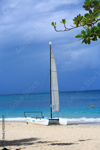 Small passenger yacht moored on a carribbean beach in Grenada, with a turquoise sea and clear blue sky. photo