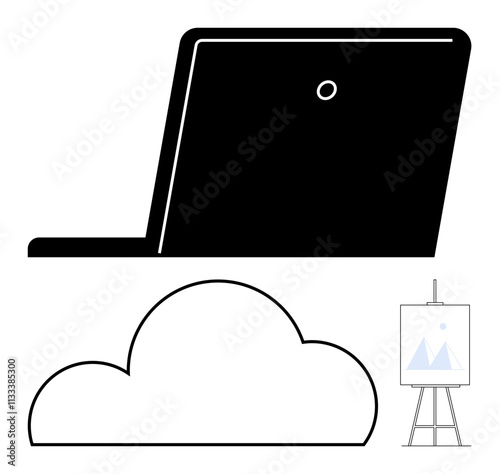 Laptop silhouette alongside an outline of a cloud and a simplistic easel. Ideal for technology, creative industry, cloud computing, art, design, digital workspace, online learning. Line metaphor