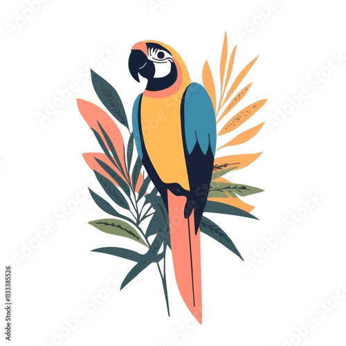 Minimalist flat illustration of a macaw, featuring a clean design isolated on a white background.

