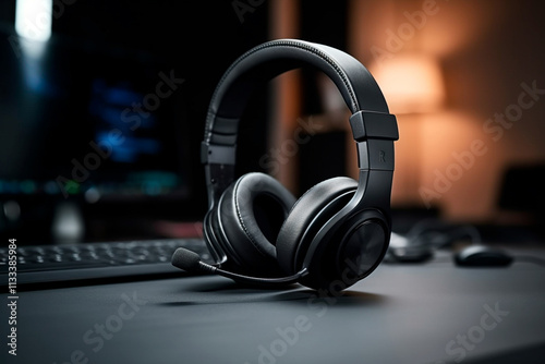 Elegant black headphones featuring high-tech ear cushions and a contemporary design. photo