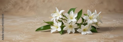 Delicate white jasmine flower on textured mastic paper background, decoration, botanical, nature, fragrant