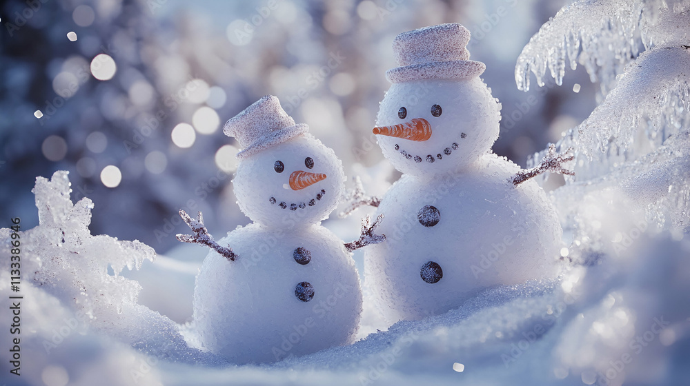 Fototapeta premium Smiling snowmen standing together in a winter wonderland, surrounded by snow-covered trees, sparkling icicles, and soft snowflakes drifting through the air. 4k image