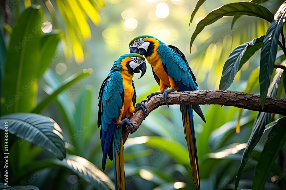 Obraz premium Two blue and gold macaws playfully interacting on a low-hanging palm branch in a dense tropical forest with dappled sunlight filtering through lush foliage