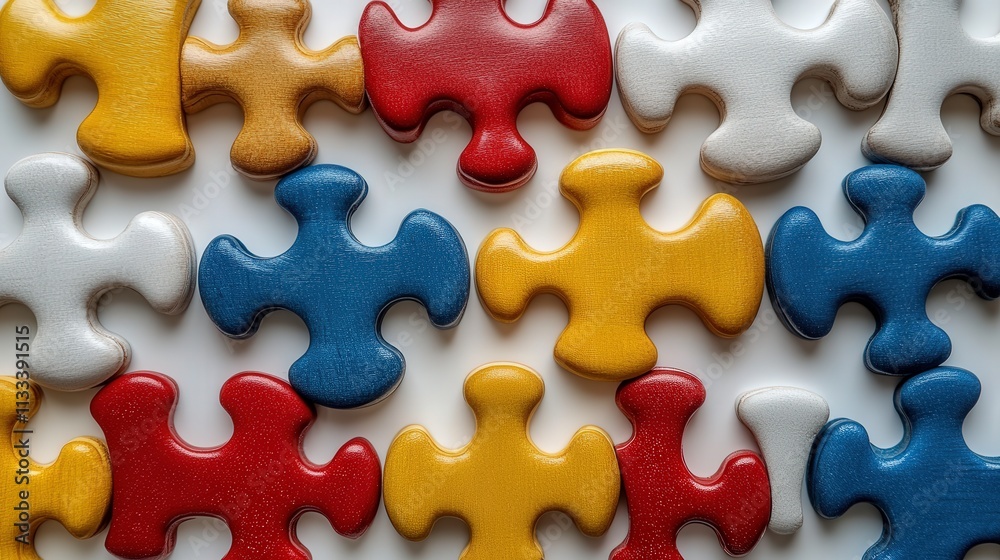 Obraz premium Colorful Puzzle Pieces Arranged in a Playful Pattern on a White Background, Symbolizing Problem Solving and Creativity in Learning Environments and Activities