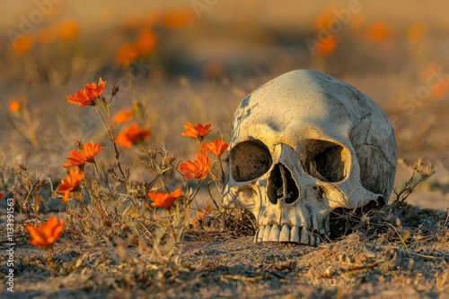 A human skull surrounded by flowers in a surreal, spooky environment, embodying the themes of life and death. photo