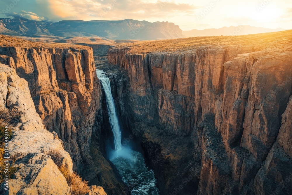 Majestic waterfall cascading down rugged canyon walls, bathed in golden sunset light. Majestic waterfall cascading down rugged canyon walls, bathed in golden sunset light.