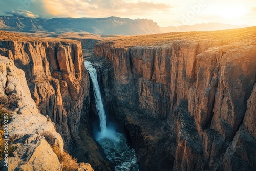 Majestic waterfall cascading down rugged canyon walls, bathed in golden sunset light.