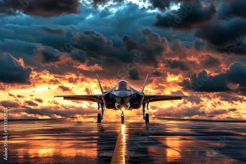 Ready for takeoff, the F-35 Lightning II fighter jet is positioned on the runway, exemplifying the pinnacle of stealth technology and military aviation. photo