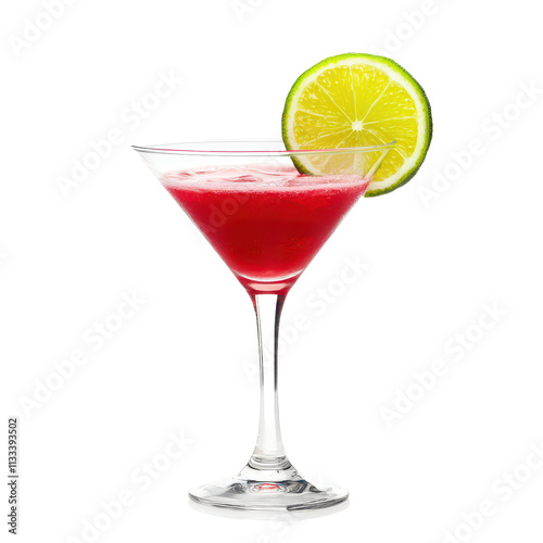 A vibrant cosmopolitan cocktail garnished with lime on a transparent background showcases classic drink appeal, a cosmopolitan cocktail drink, transparent background