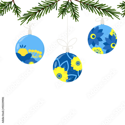 Yellow and blue Christmas balls with pendants and ethnic Ukrainian flowers hung on green Christmas tree branches in seamless border