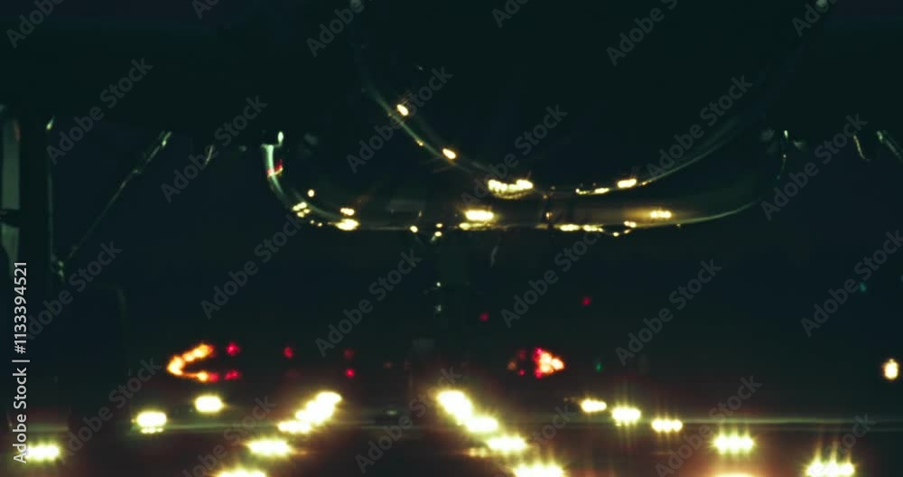 Close-up of airplane wheels on the runway at night. A passenger plane prepares for departure on an illuminated runway. High quality 4k footage
