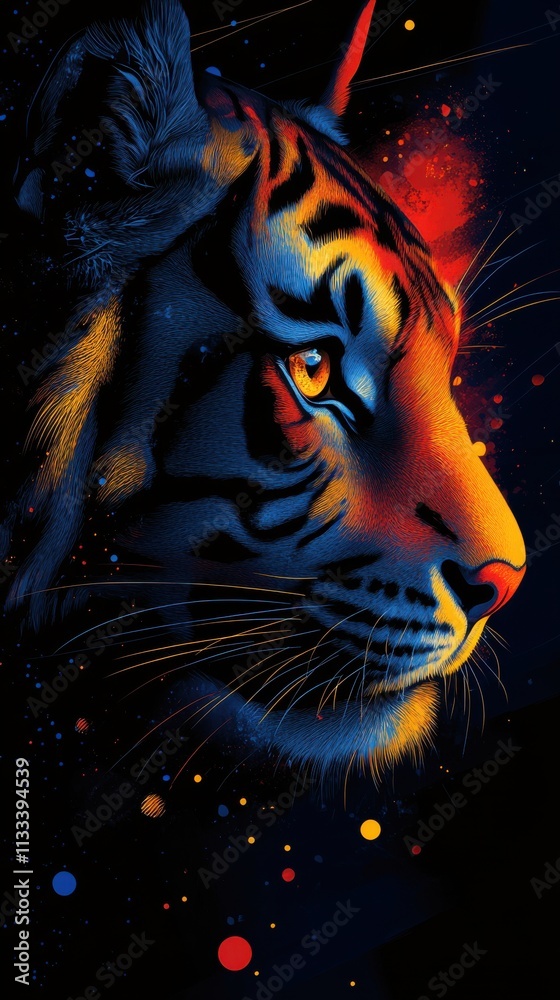Obraz premium A vibrant digital illustration of a tiger's face against a cosmic background.