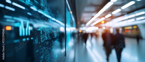 Blurred figures in a modern transit space with digital displays.