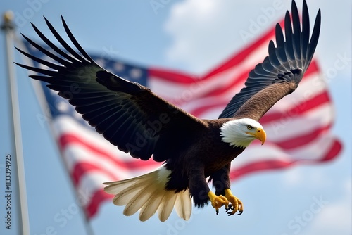 Majestic Bald Eagle in Flight with American Flag