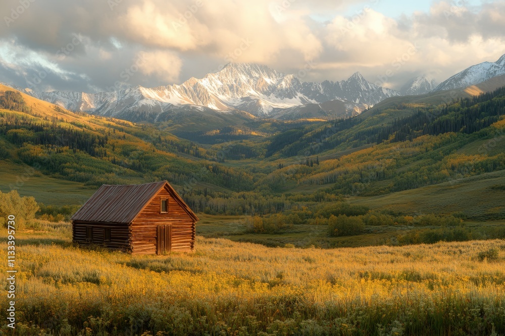 Rustic log cabin nestled in a vibrant autumnal field, majestic snow-capped mountains in the background. Rustic log cabin nestled in a vibrant autumnal field, majestic snow-capped mountains in the background.