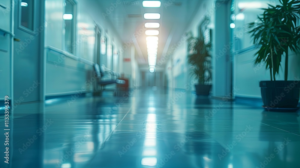 Sterile, dimly lit hospital corridor with shiny floor and potted plants. Sterile, dimly lit hospital corridor with shiny floor and potted plants.