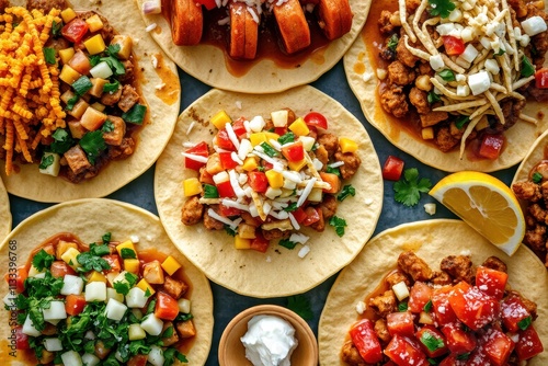 table topped with tacos filled sweet potato and corn as well a bowl of sour cream slice lemon the are arranged in circular pattern potatoes center on either side is small placed photo