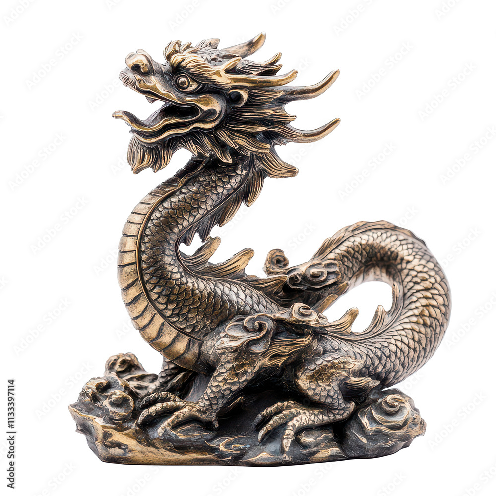 Fototapeta premium Antique dragon statue with intricate details, showcased on a transparent background for clarity, Antique Dragon Statue Isolated on transparent background