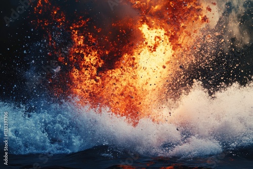 Fiery volcanic eruption meets ocean, creating a dramatic spectacle of hot lava and churning water. photo