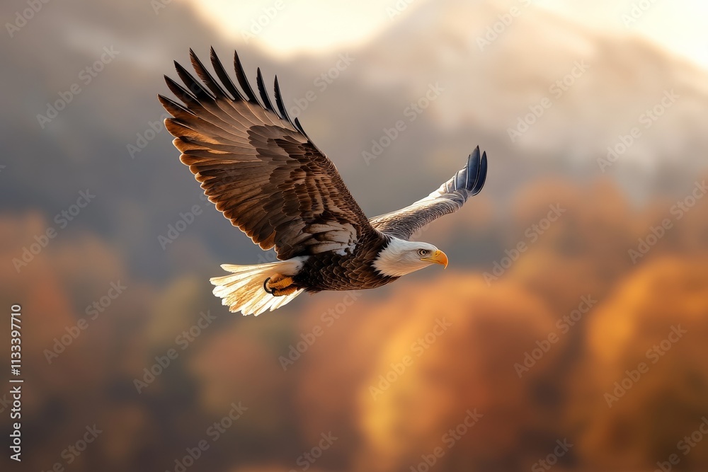 Obraz premium Majestic eagle soars gracefully over autumn landscape during golden hour