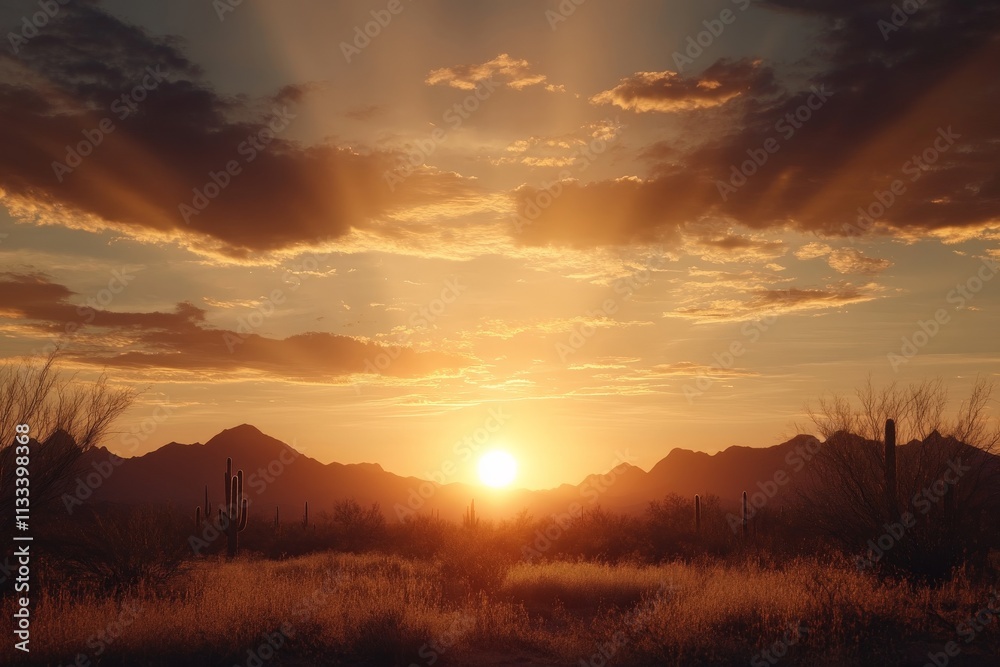 Fototapeta premium Beautiful sunset over a desert landscape with mountains in the background and dramatic clouds illuminating the sky