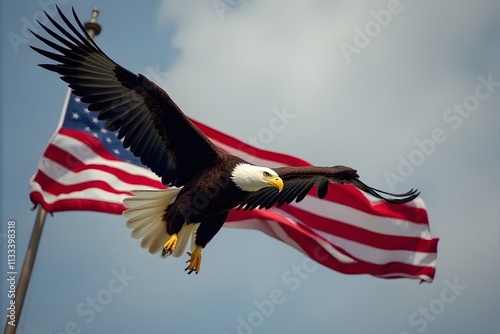 Bald Eagle Soaring with American Flag at Winter Bird Festival