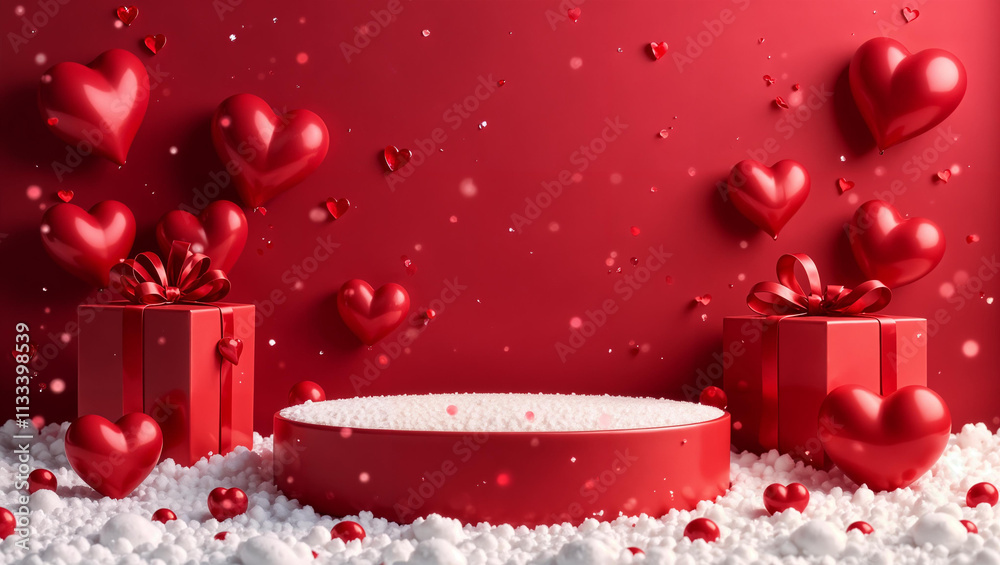 Happy Valentine Day background with cylindrical podium for promotion. Round stage for presentation sale product. Stage pedestal or platform in snow between burgundy hearts, burgundy gift boxes