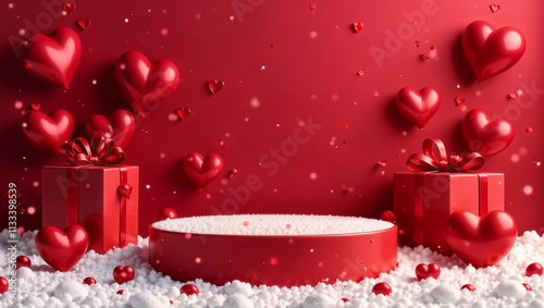 Happy Valentine Day background with cylindrical podium for promotion. Round stage for presentation sale product. Stage pedestal or platform in snow between burgundy hearts, burgundy gift boxes