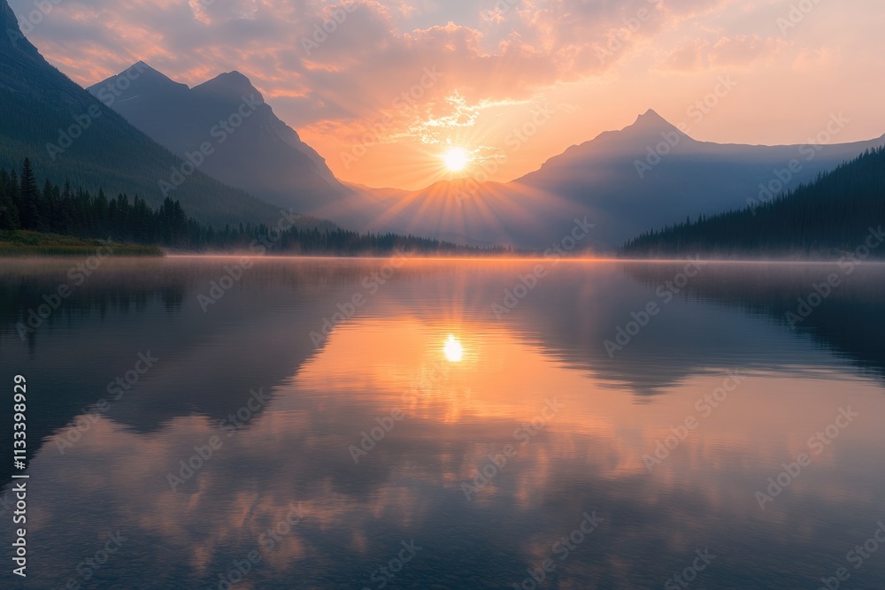 Obraz premium Serene sunrise over a tranquil lake nestled between majestic mountains, reflecting the vibrant sky.