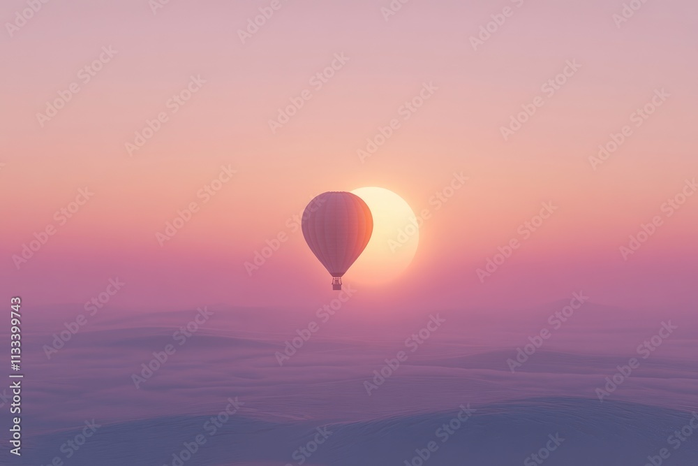Naklejka premium A hot air balloon soars gracefully over a serene, misty landscape at sunset, creating a tranquil and ethereal scene.
