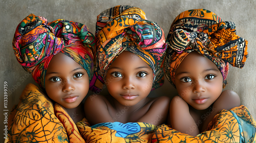 Fototapeta premium African Children's Portrait, Three Girls in Vibrant Headwraps and Garments, Smiling Sweetly
