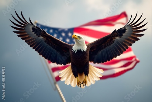 American Bald Eagle Soaring with the Flag