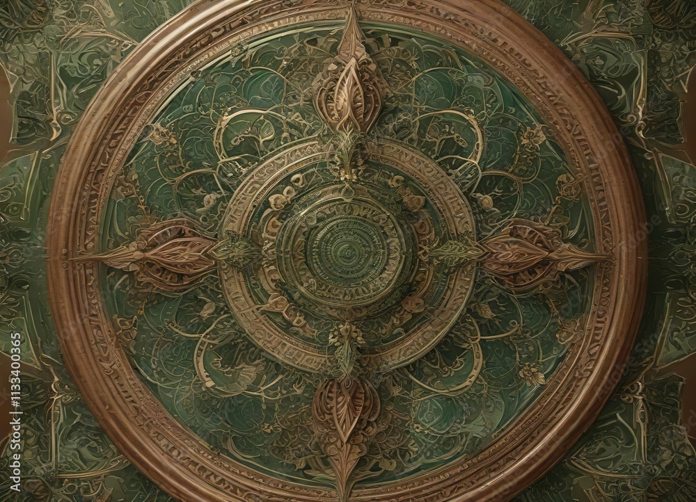 Fototapeta premium Intricate mandala-inspired design with interconnected shapes and lines in shades of green and brown, spiritual art, artistic designs, earthy tones